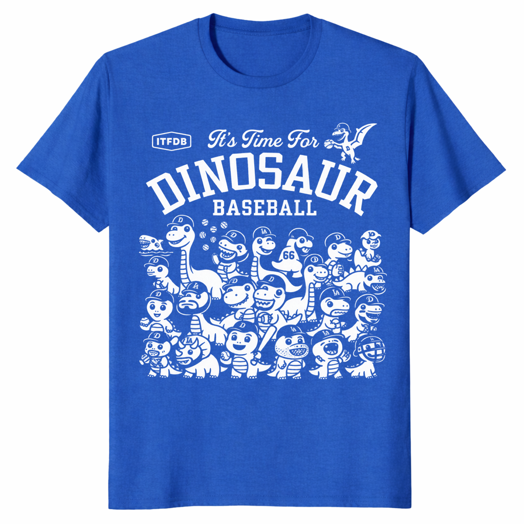 Dinosaur baseball shirt with funny dino baseball team graphic, royal