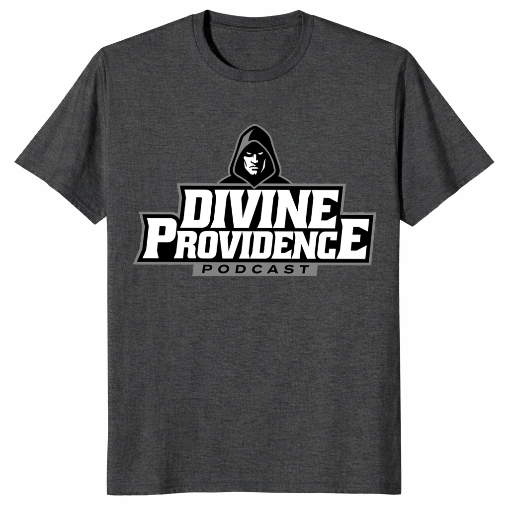 Divine Providence Podcast shirt dark heather grey podcast logo tee
