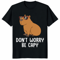 Don't Worry Be Capy T Shirt with funny capybara sunglasses graphic on black tee