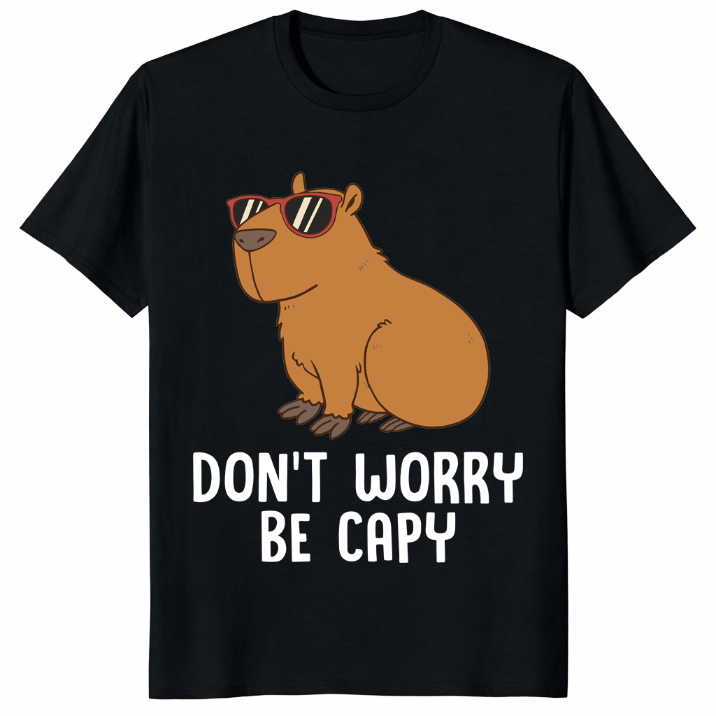 Don't Worry Be Capy T Shirt with funny capybara sunglasses graphic on black tee