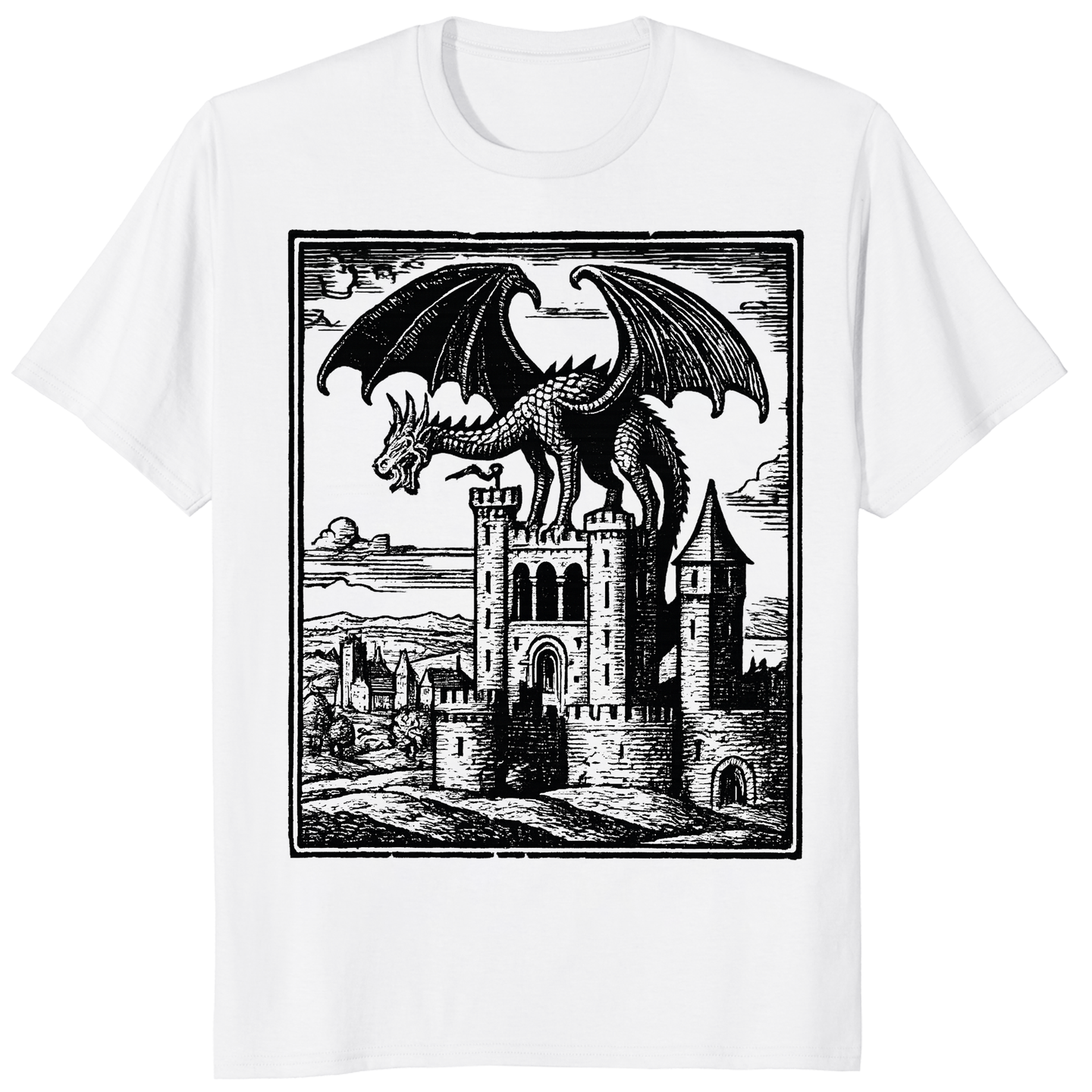 White Dragon Vintage Shirt with Medieval Graphic and Grimdark Tee design
