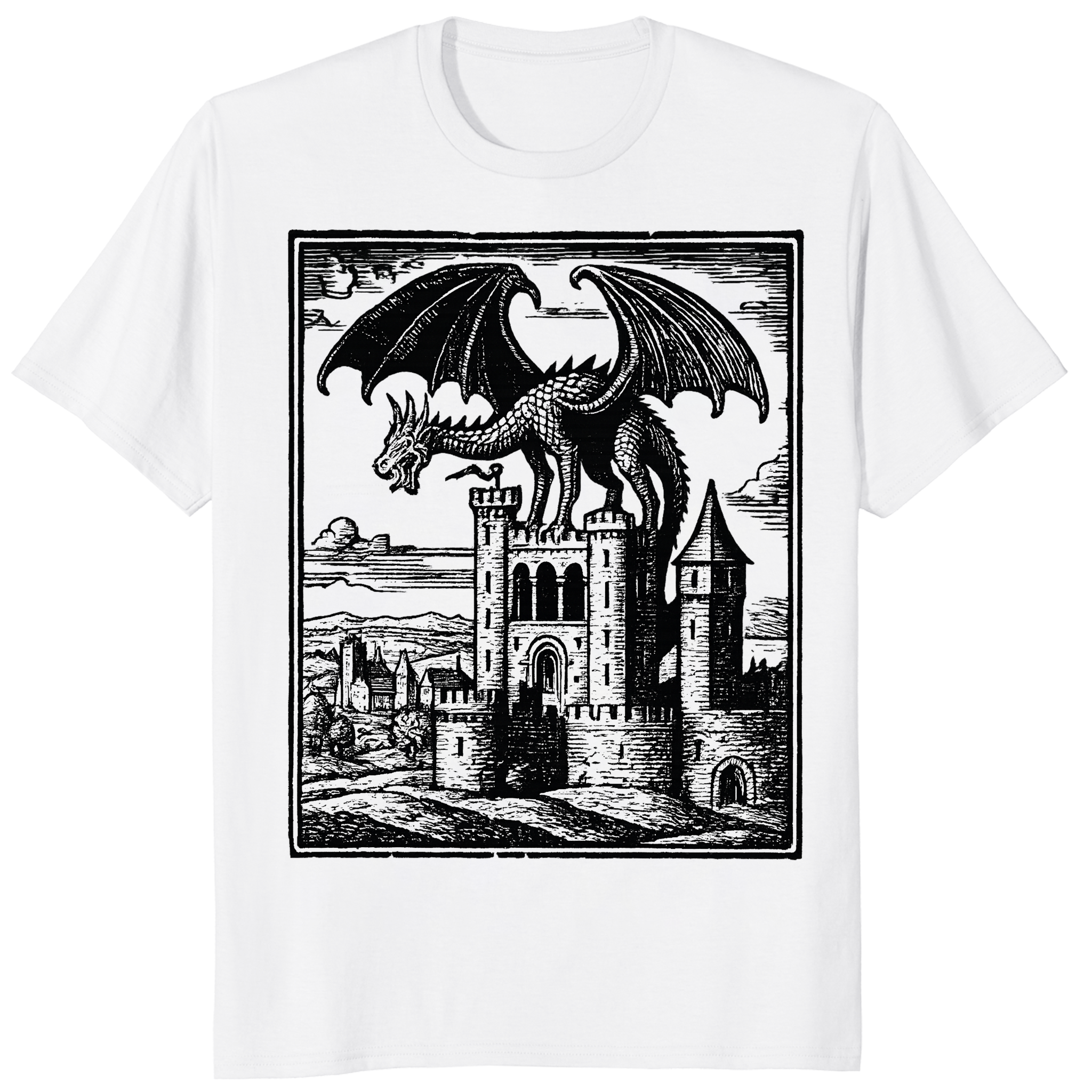 White Dragon Vintage Shirt with Medieval Graphic and Grimdark Tee design