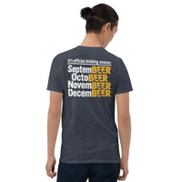 Drinking season shirt in heather navy, back print Septembeer to Decembeer