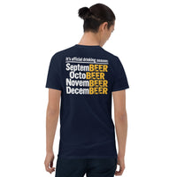Drinking season shirt in navy, back print Septembeer to Decembeer