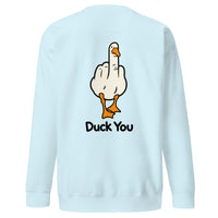 Duck you sweatshirt in sky blue with middle finger duck back print