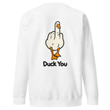 Duck you sweatshirt in white with middle finger duck back print
