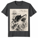 Black Cat Biting Shark Anime T-Shirt | Cool Japanese Graphic Tee