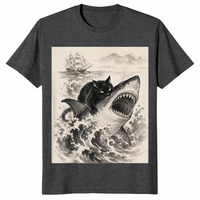 Black Cat Biting Shark Anime T-Shirt | Cool Japanese Graphic Tee