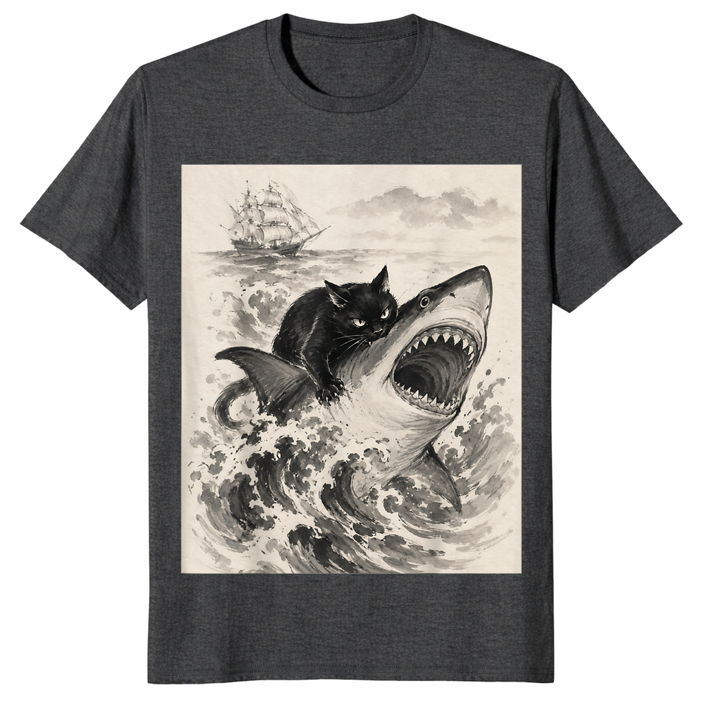 Black Cat Biting Shark Anime T-Shirt | Cool Japanese Graphic Tee