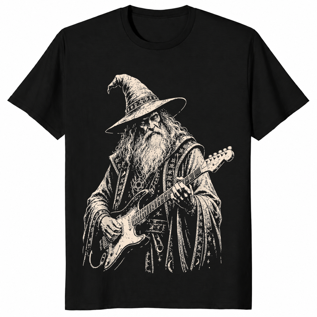 Electric guitar wizard shirt in black unisex cotton tee