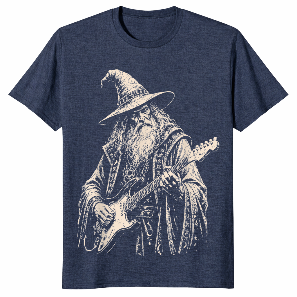 Electric guitar wizard shirt in heather navy unisex cotton tee