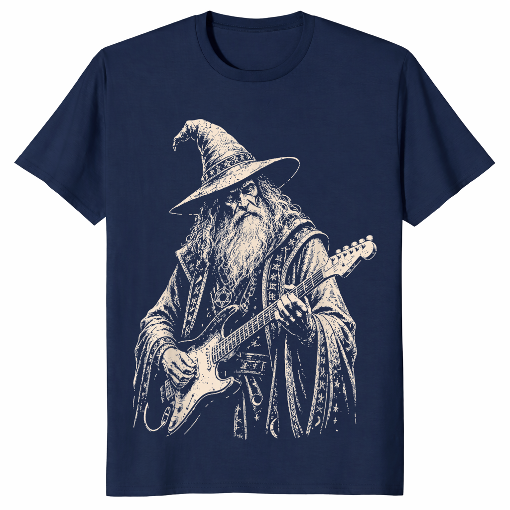 Electric guitar wizard shirt in navy unisex cotton tee