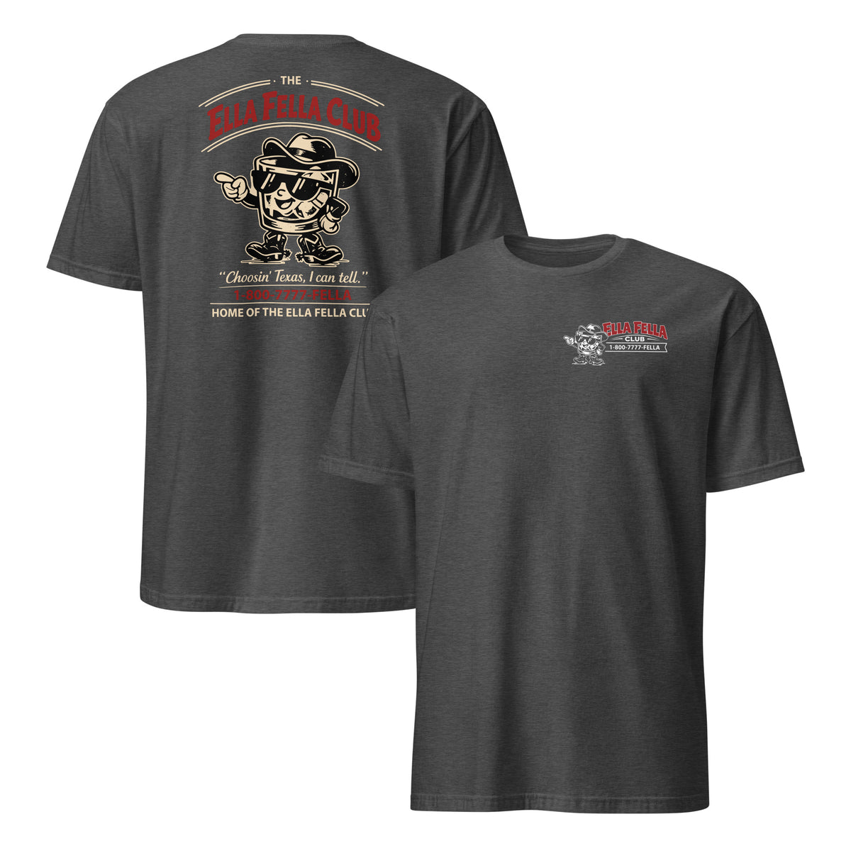 Dark heather grey Ella Fella Club funny cowboy tee with retro Texas style