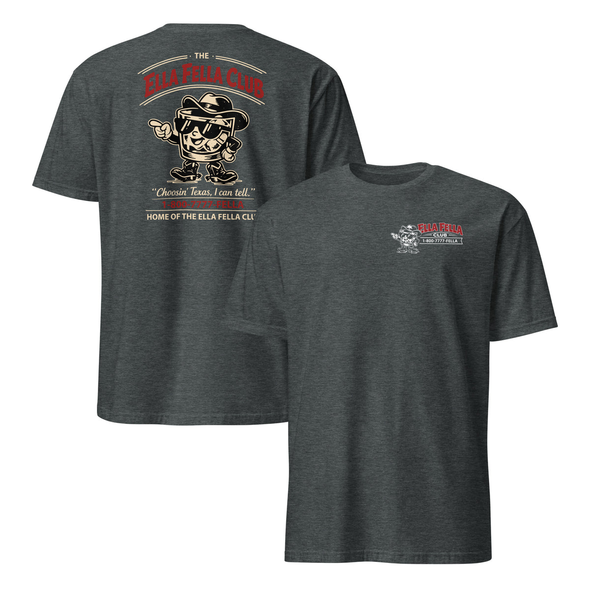 Dark heather Ella Fella Club shirt with Texas graphic and cowboy artwork