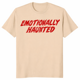 Sand funny spooky season tee reading Emotionally Haunted in red