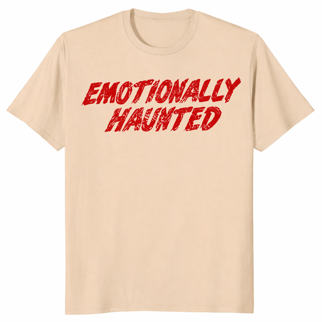 Sand funny spooky season tee reading Emotionally Haunted in red