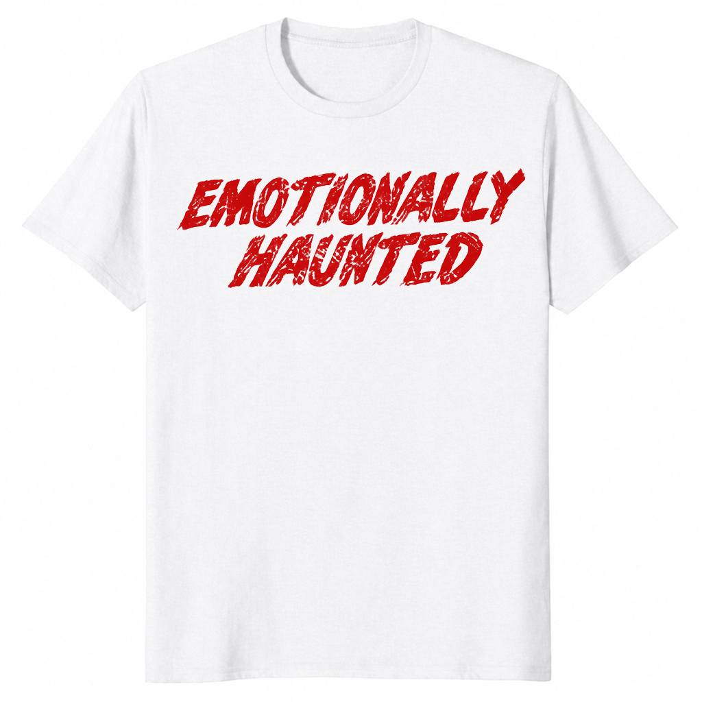 White Emotionally Haunted shirt with red horror-movie style lettering