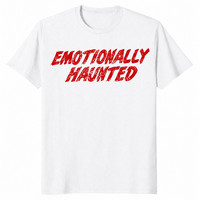 White Emotionally Haunted shirt with red horror-movie style lettering