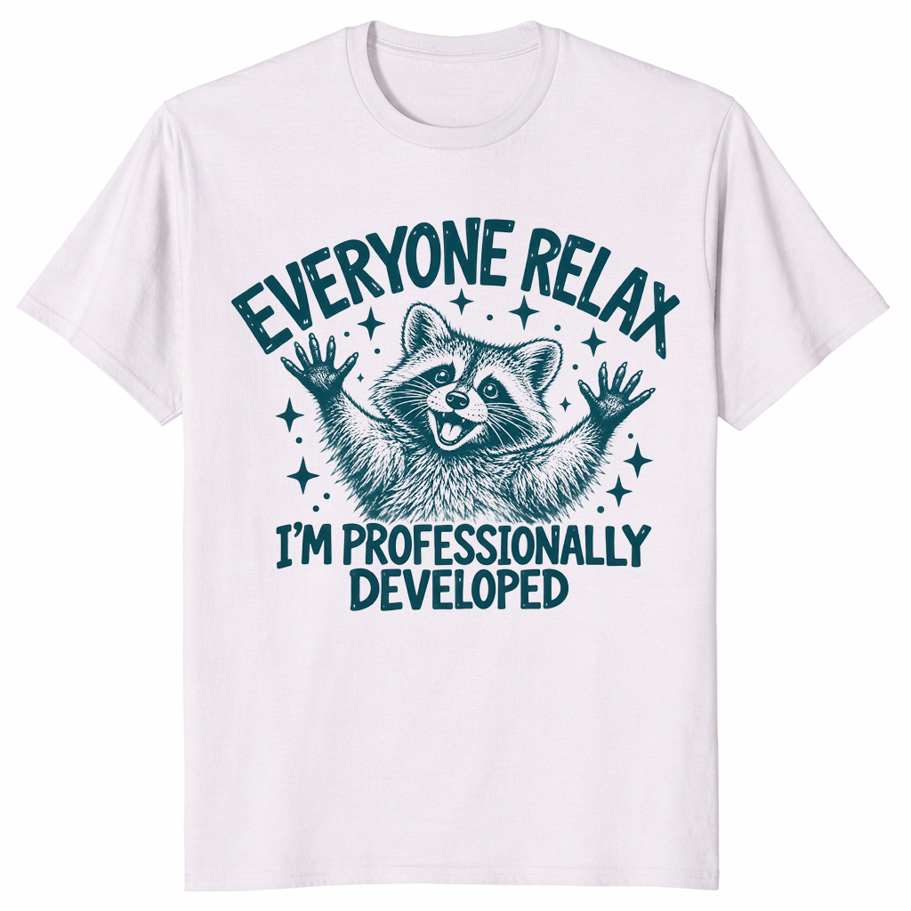 Everyone Relax I'm Professionally Developed shirt in ice grey, funny raccoon tee