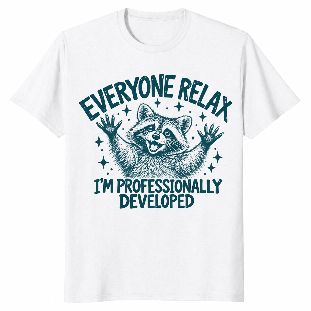 Everyone Relax I'm Professionally Developed shirt in white, funny raccoon tee