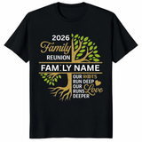 Family Reunion Shirt 2026 in Black — personalised name tree matching tee