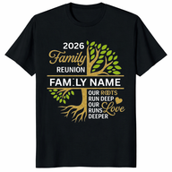 Family Reunion Shirt 2026 in Black — personalised name tree matching tee