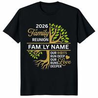 Family Reunion Shirt 2026 in Black — personalised name tree matching tee
