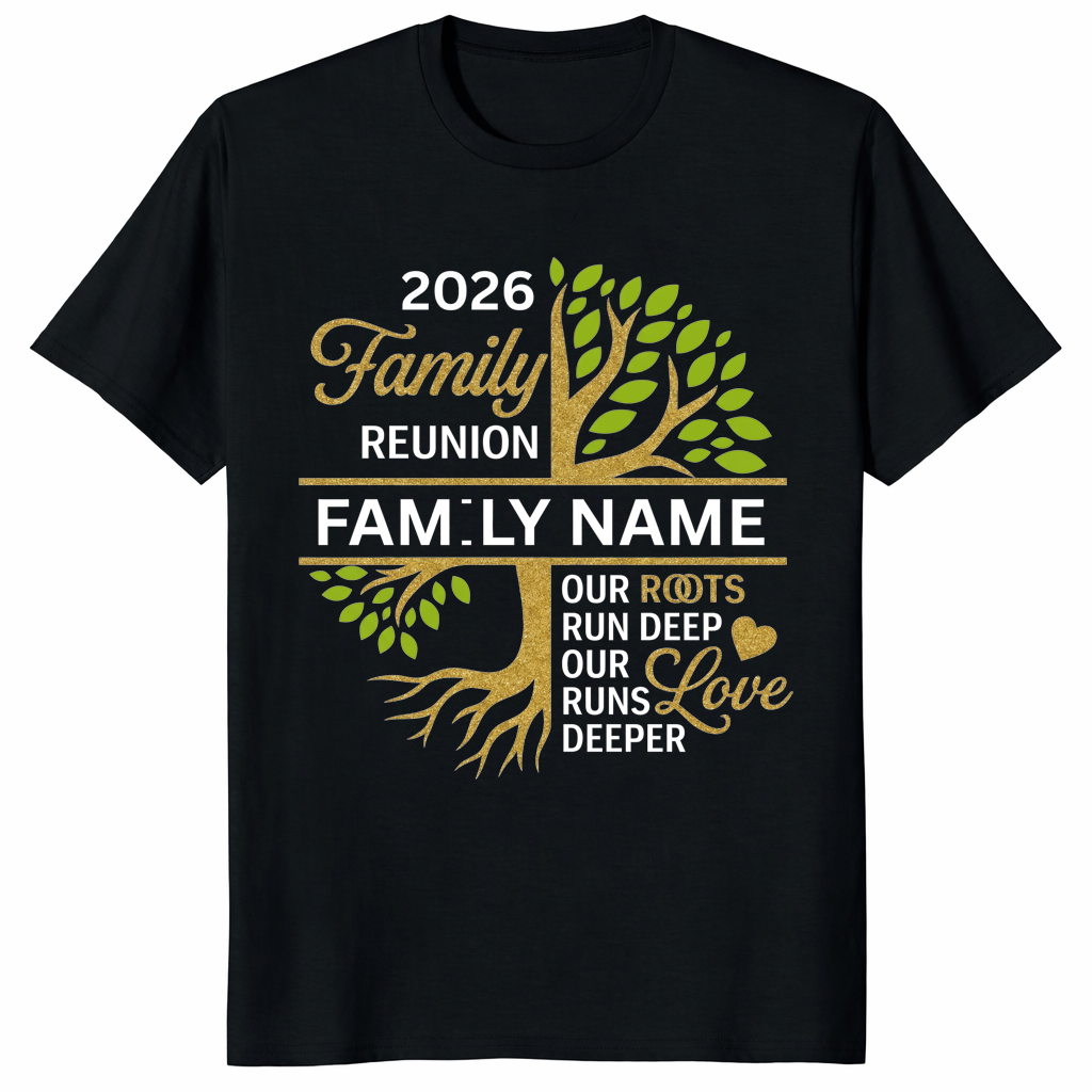 Family Reunion Shirt 2026 in Black — personalised name tree matching tee
