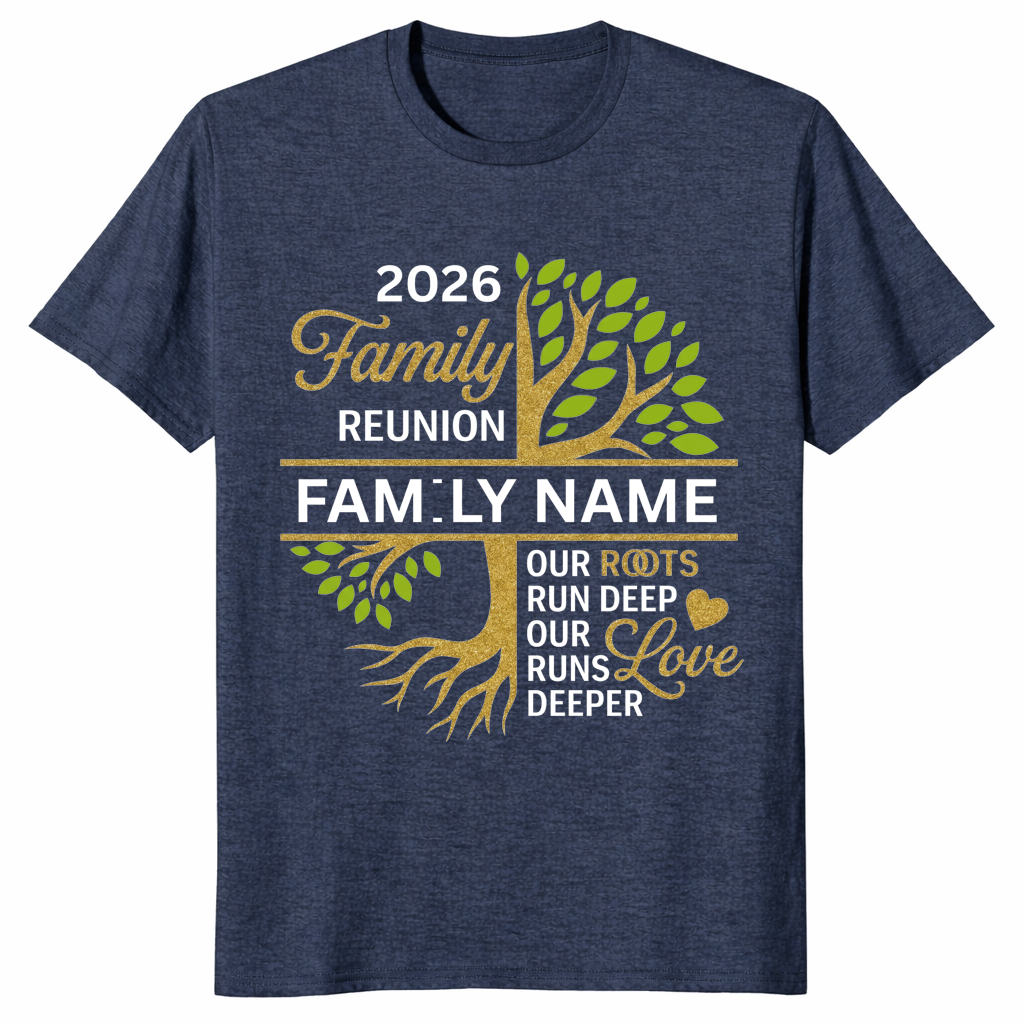 Family Reunion Shirt 2026 in Heather Navy — family name tree design shirt