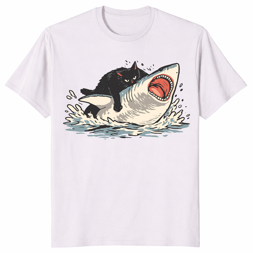 Fat cat vs shark meme shirt ice grey