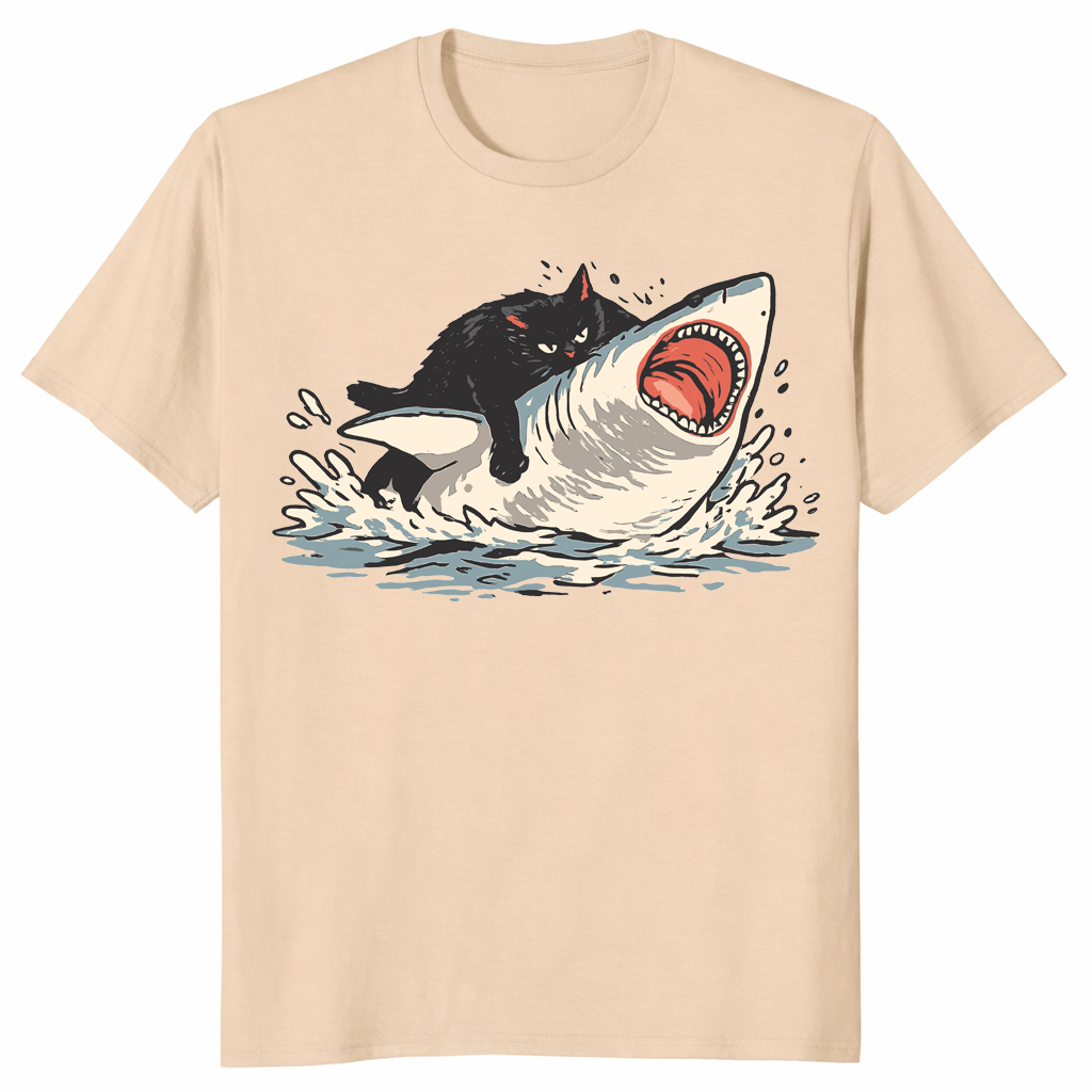 Fat cat vs shark meme shirt sand