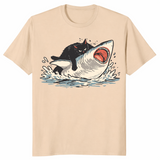 Fat cat vs shark meme shirt sand