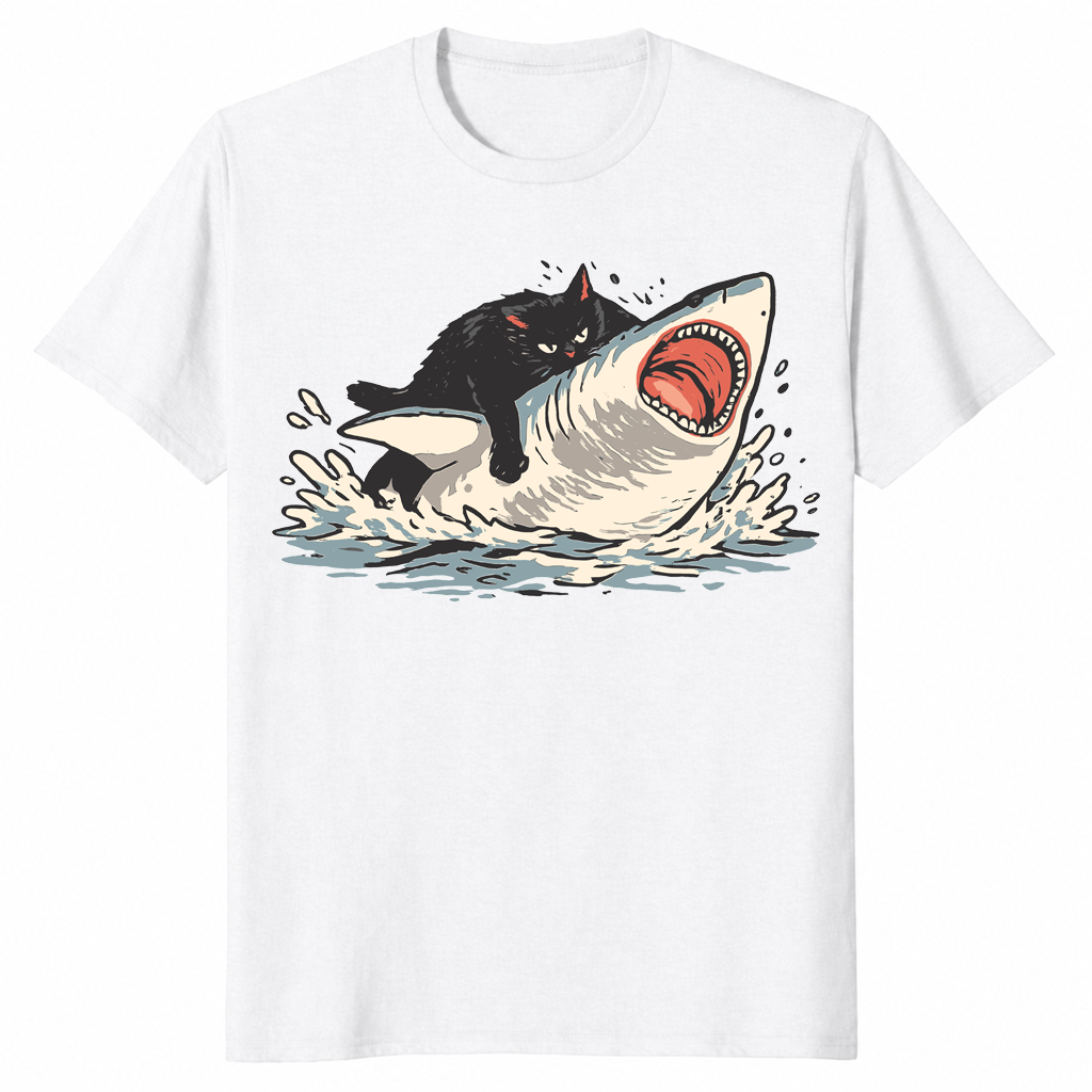 Fat cat vs shark meme shirt white