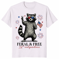 Feral and free tee for Independence Day with patriotic raccoon and fireworks