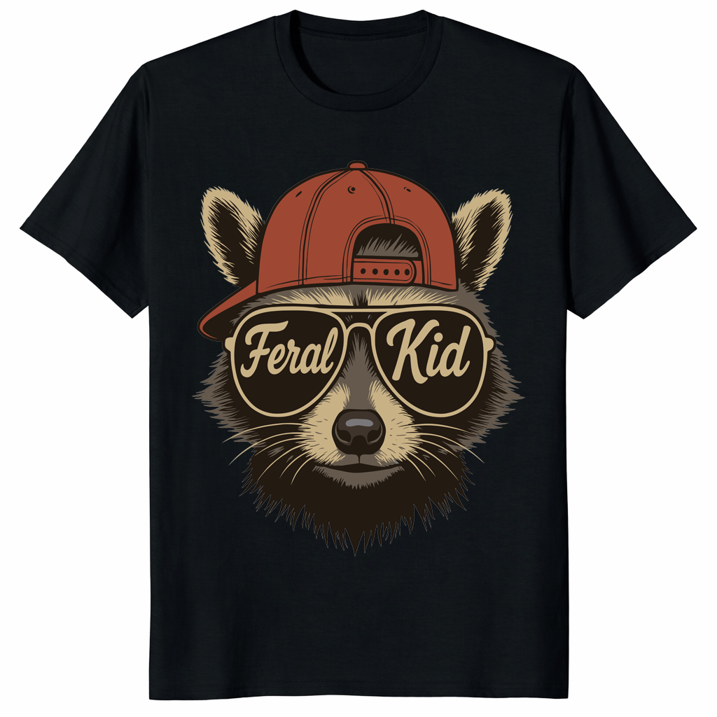 Feral Kid shirt with funny raccoon wearing sunglasses and backward cap