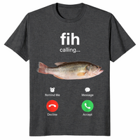 Dark Heather Grey Fih Calling shirt with the viral incoming phone call fish meme screen