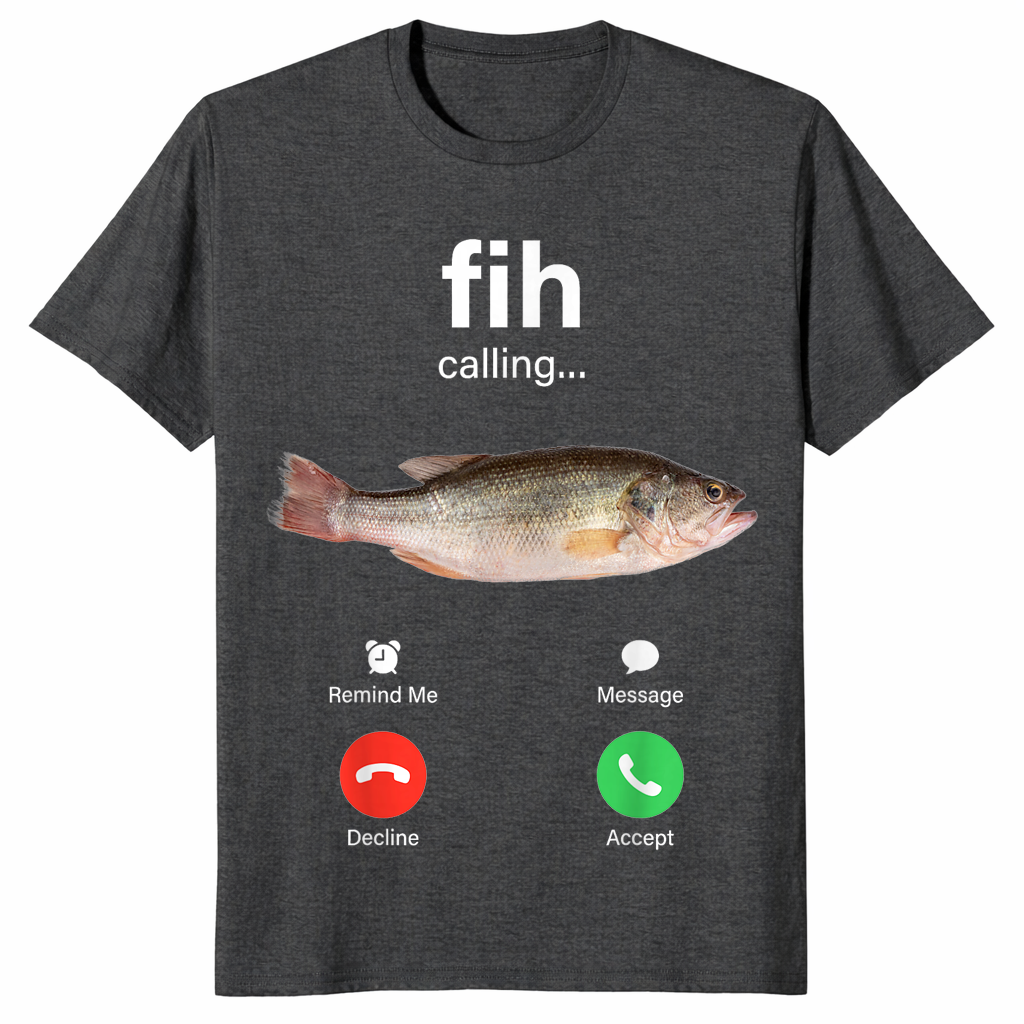 Dark Heather Grey Fih Calling shirt with the viral incoming phone call fish meme screen