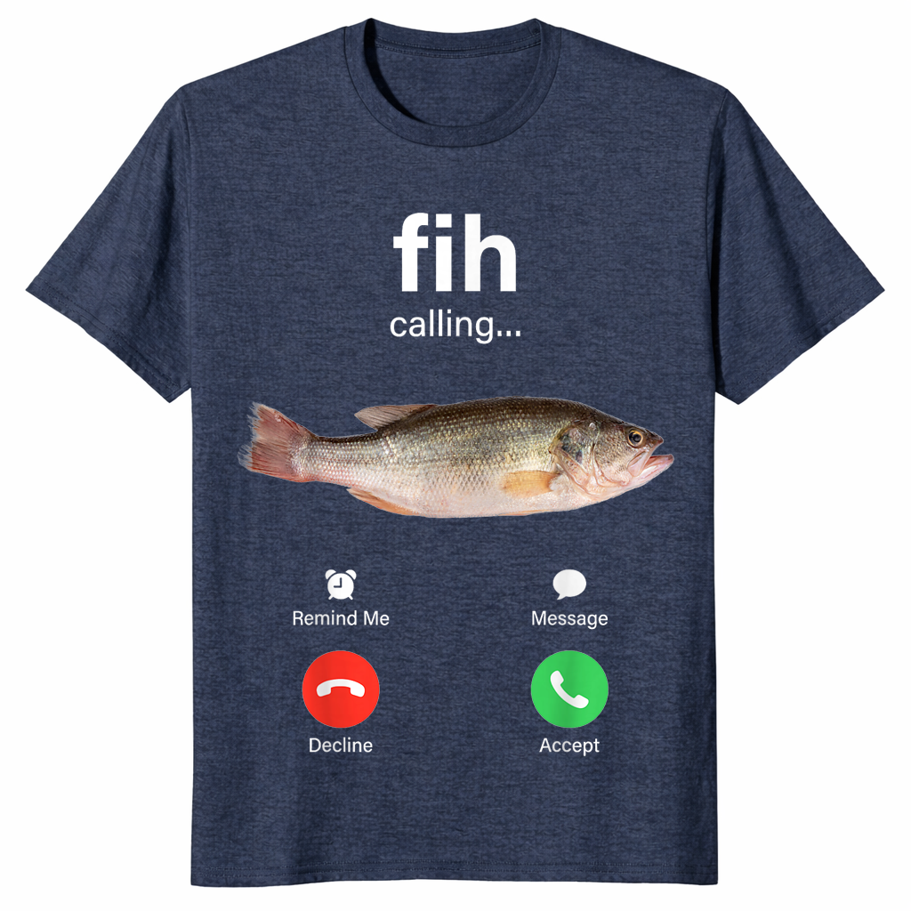 Heather Navy Fih Calling shirt with the viral incoming phone call fish meme screen