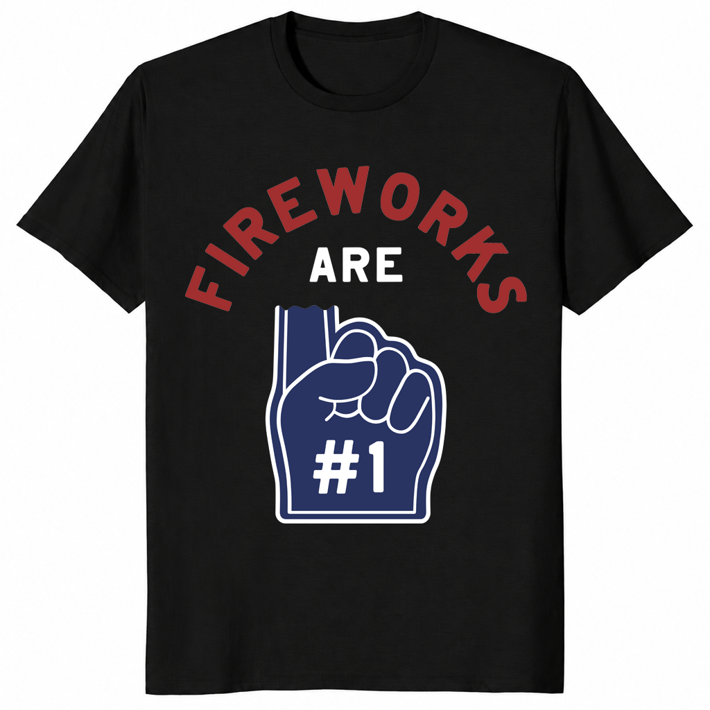 Fireworks Are Number 1 Foam Finger 4th of July tee in black — funny patriotic Independence Day shirt