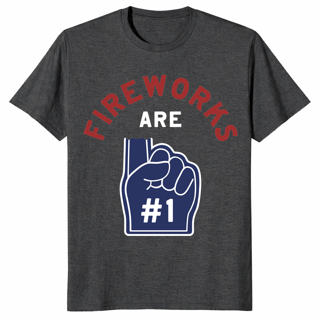 Fireworks Are Number 1 Foam Finger 4th of July tee in dark heather grey — funny patriotic Independence Day shirt