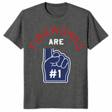 Fireworks Are Number 1 Foam Finger 4th of July tee in dark heather — funny patriotic Independence Day shirt