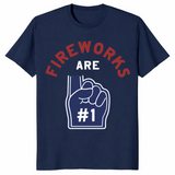 Fireworks Are Number 1 Foam Finger 4th of July tee in navy — funny patriotic Independence Day shirt