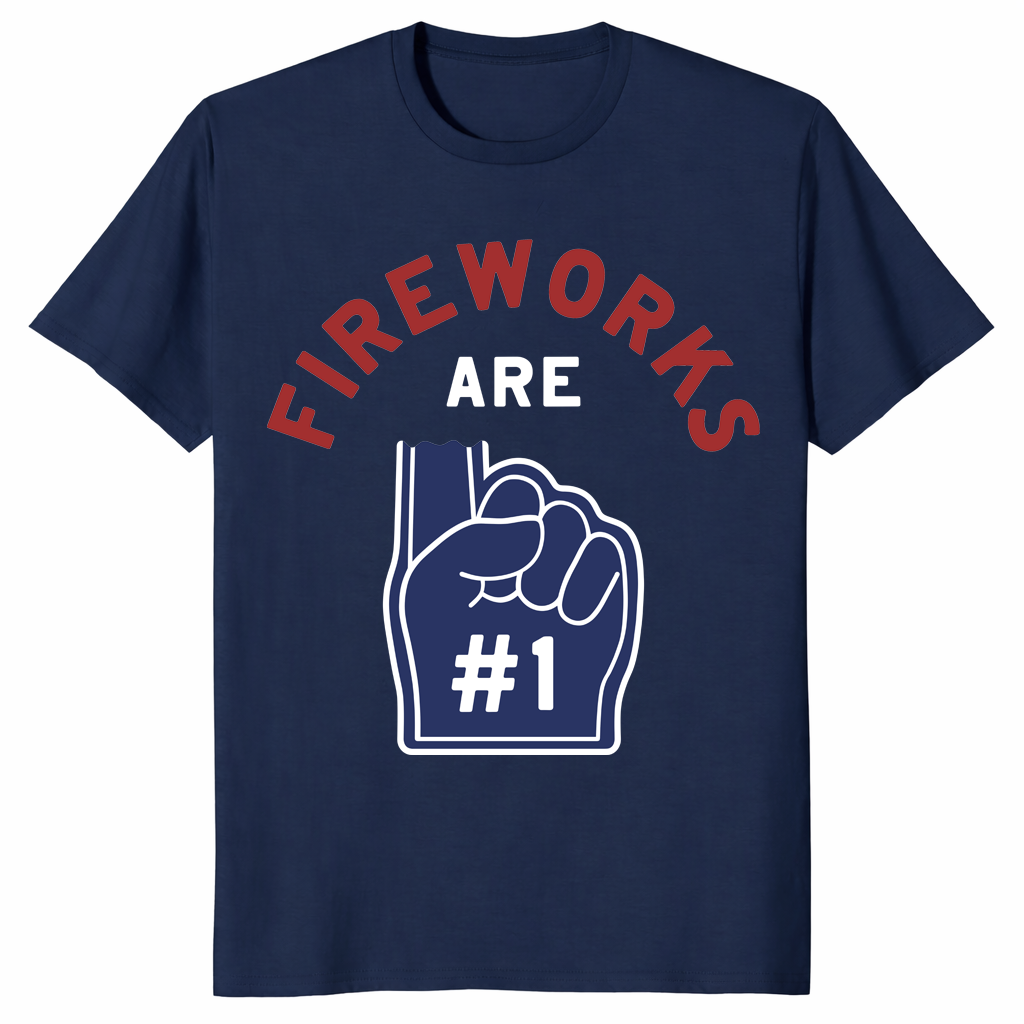 Fireworks Are Number 1 Foam Finger 4th of July tee in navy — funny patriotic Independence Day shirt