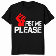 Fist me please shirt in black with bold red raised fist graphic