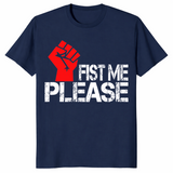 Fist me please shirt in navy with bold red raised fist graphic