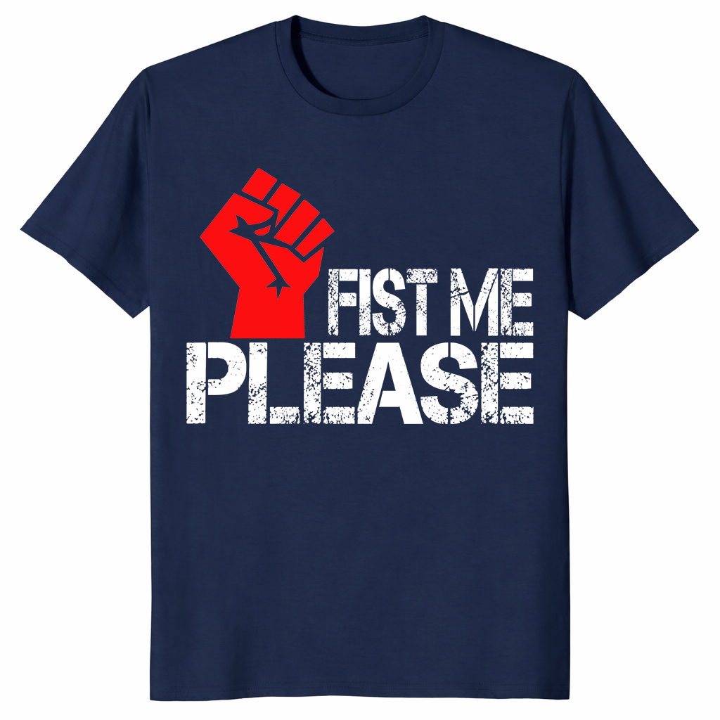 Fist me please shirt in navy with bold red raised fist graphic