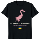 Flamingo Airlines No Return Flights Shirt on black tee with Ukraine flag design