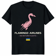 Flamingo Airlines No Return Flights Shirt on black tee with Ukraine flag design