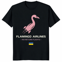 Flamingo Airlines No Return Flights Shirt on black tee with Ukraine flag design