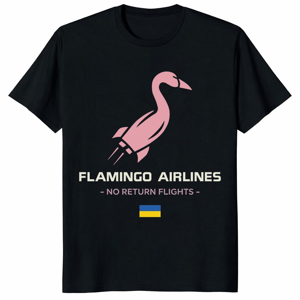 Flamingo Airlines No Return Flights Shirt on black tee with Ukraine flag design